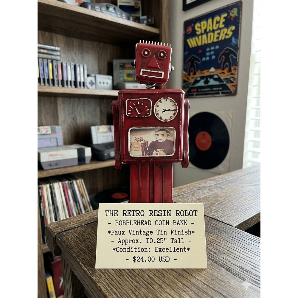 Retro Resin Robot Bobblehead Coin Bank Faux Vintage Tin Finish Red 10.25 Inch